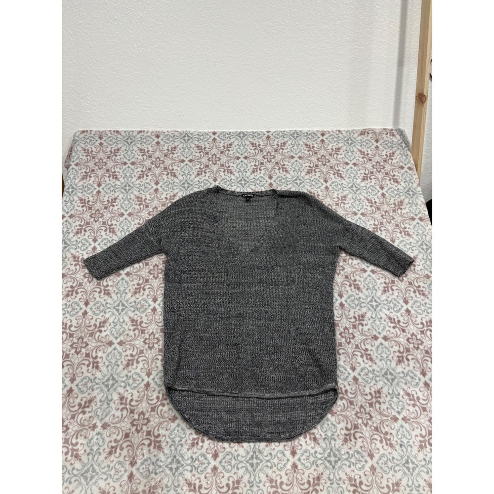 Express Womens Gray Marl V-Neck Tunic Sweater 3/4 Sleeve High Low Hem Small